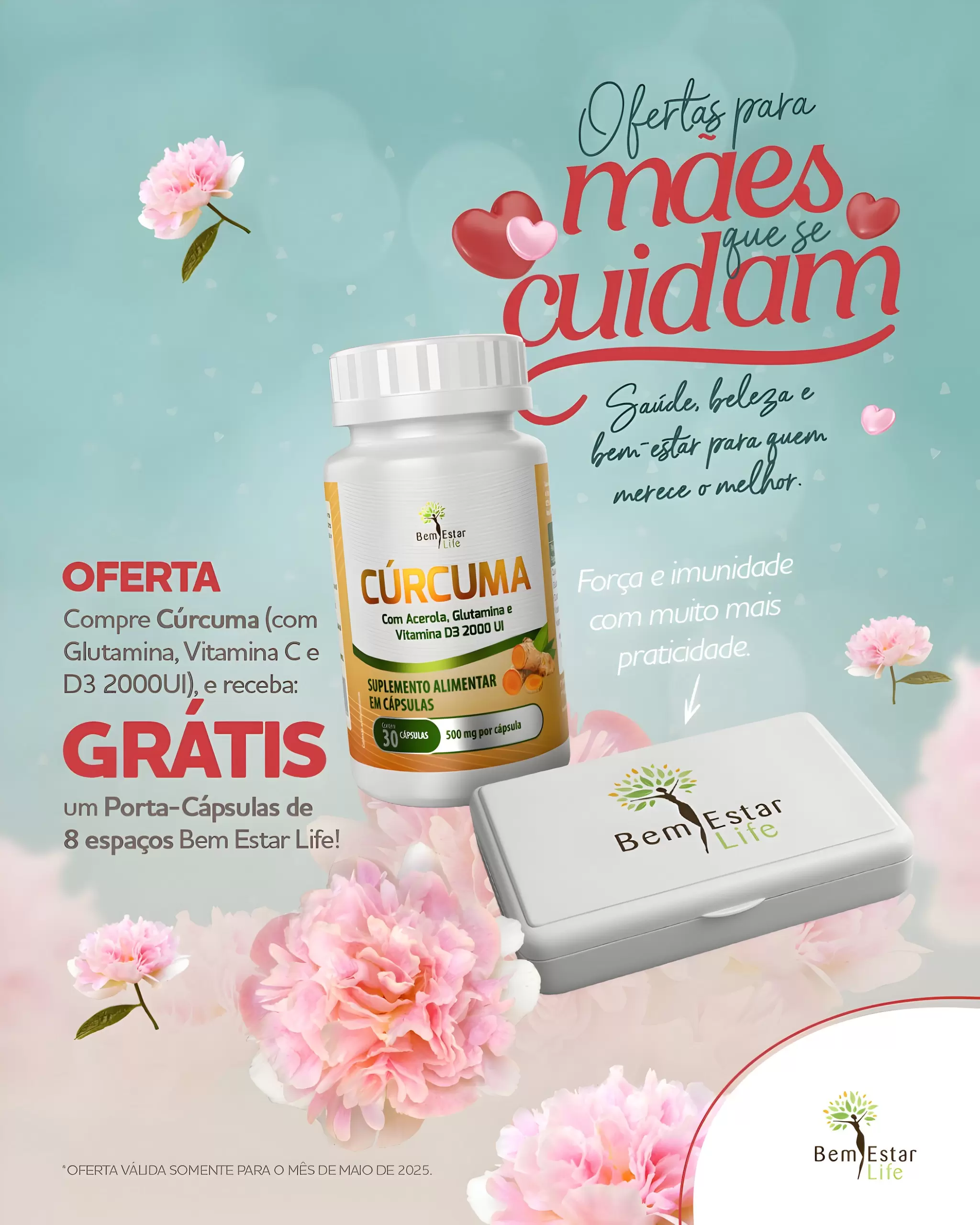 OFERTA-NA COMPRA DE CÚRCUMA COM GLUTAMINA, VITAMINA C e D3 2000UI 30 CAPSULAS - BRINDE PORTA CAPSULAS 8 ESPAÇOS
