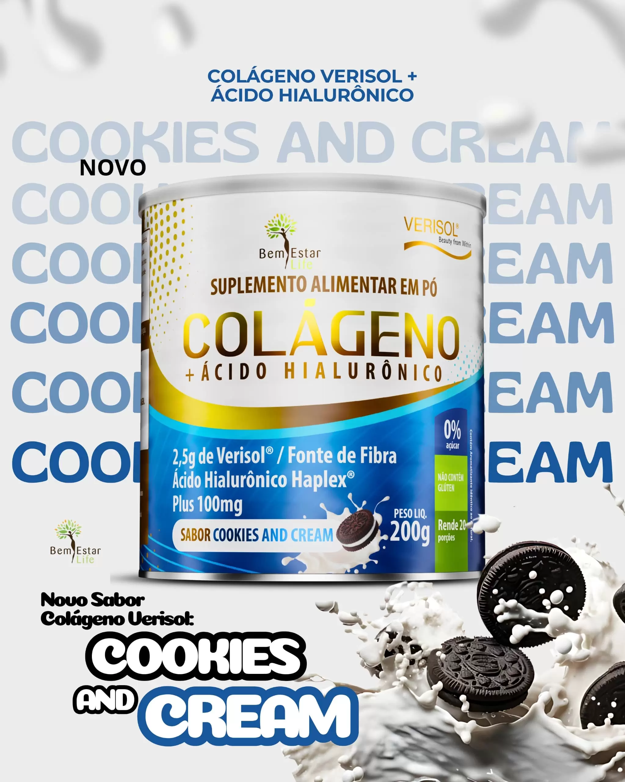COLÁGENO VERISOL COM ÁCIDO HIALURÔNICO 200G- SABOR COOKIES AND CREAM