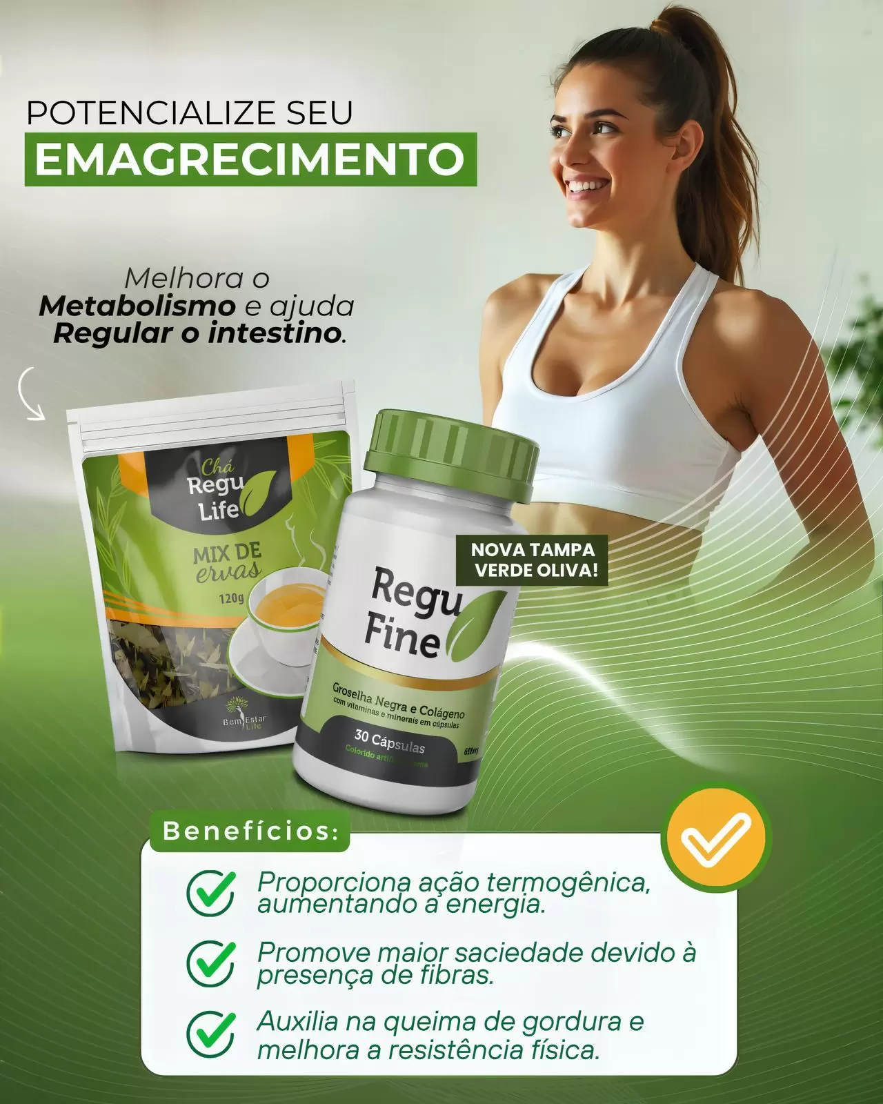 KIT EMAGRECEDOR REGU FINE + CHÁ REGU LIFE PACOTE 120G 