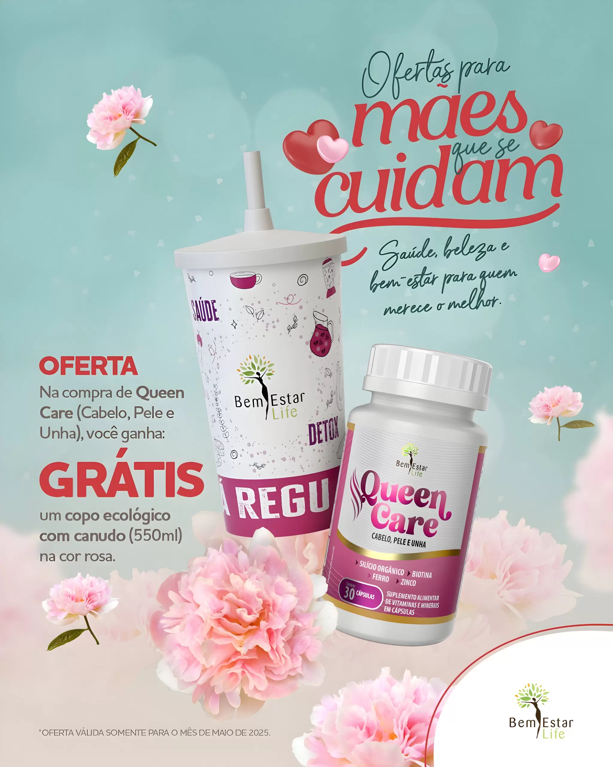 OFERTA- Combo Especial- Na compra do Queen Care, você ganha um lindo copo rosa com canudo (550 ml) de brinde.