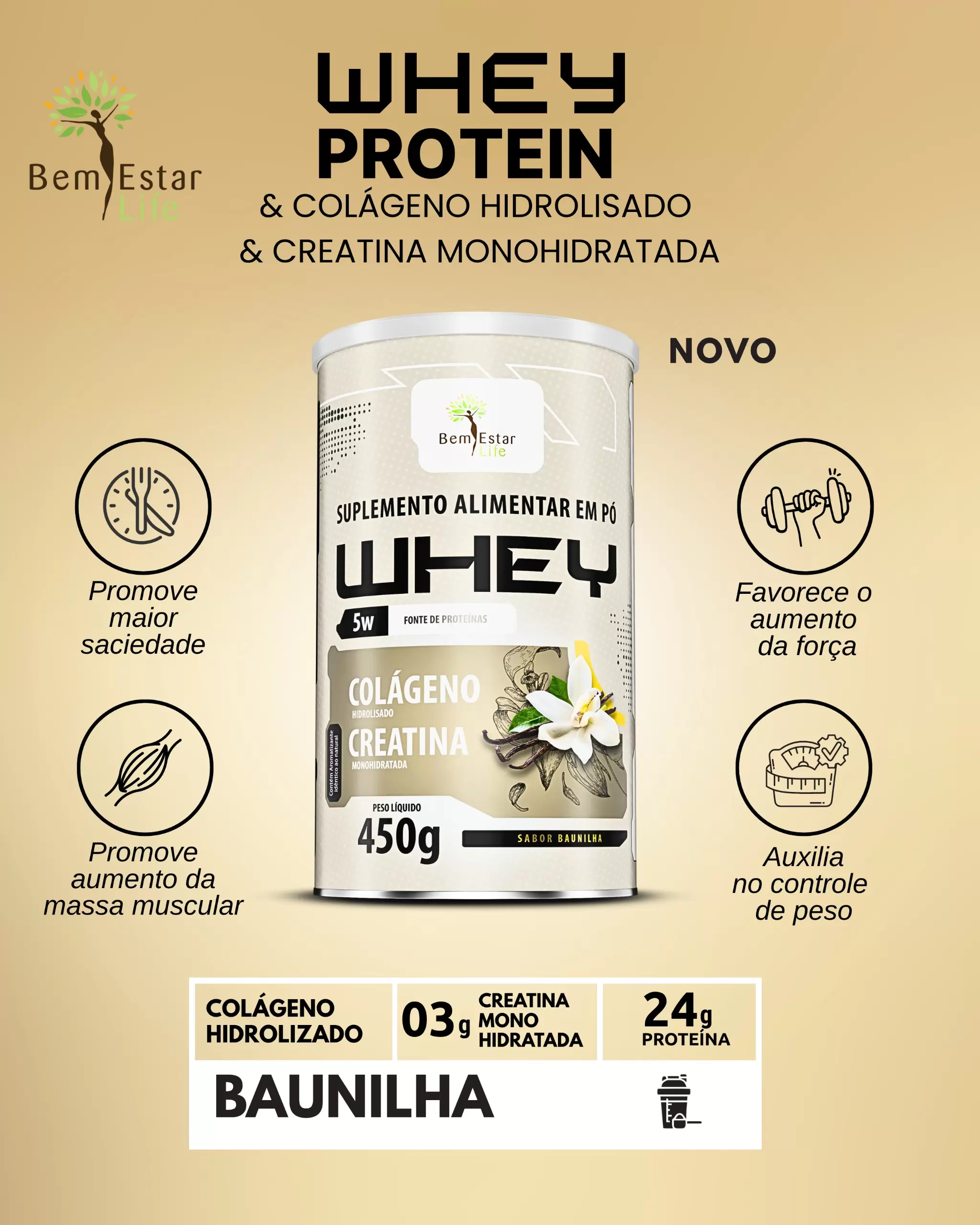 WHEY 5W 450G. Com Colágeno + Creatina, Sabor Baunilha