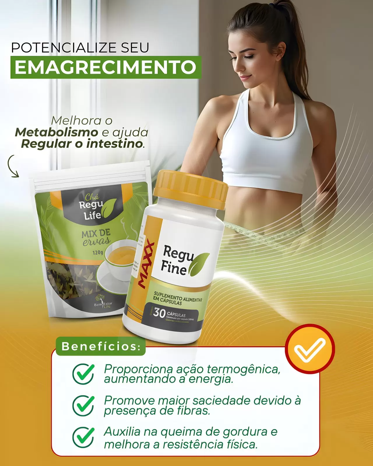 KIT EMAGRECEDOR REGU FINE MAXX + CHÁ REGU LIFE PACOTE 120G