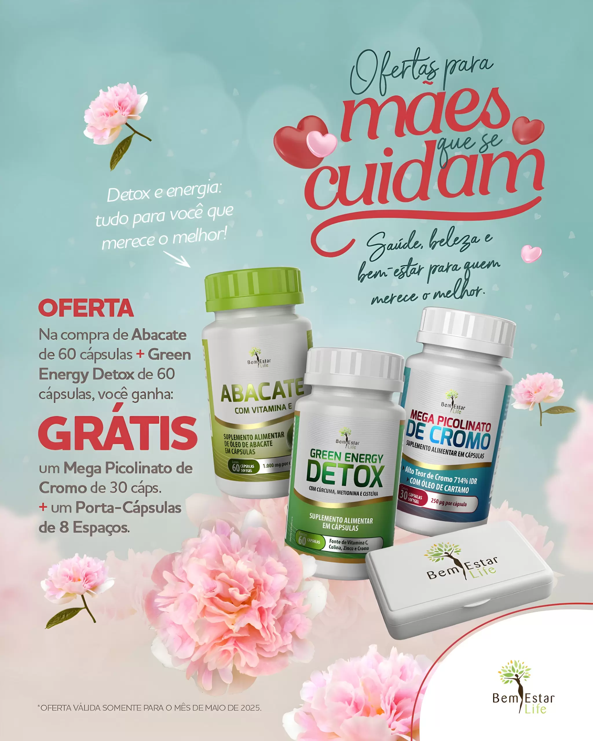 Oferta- Na compra do Abacate de 60 cápsulas, Green Energy Detox de 60 cápsulas, você ganha Mega Picolinato de Cromo de 30 cápsulas e um porta cápsulas de 8 espaços. 
