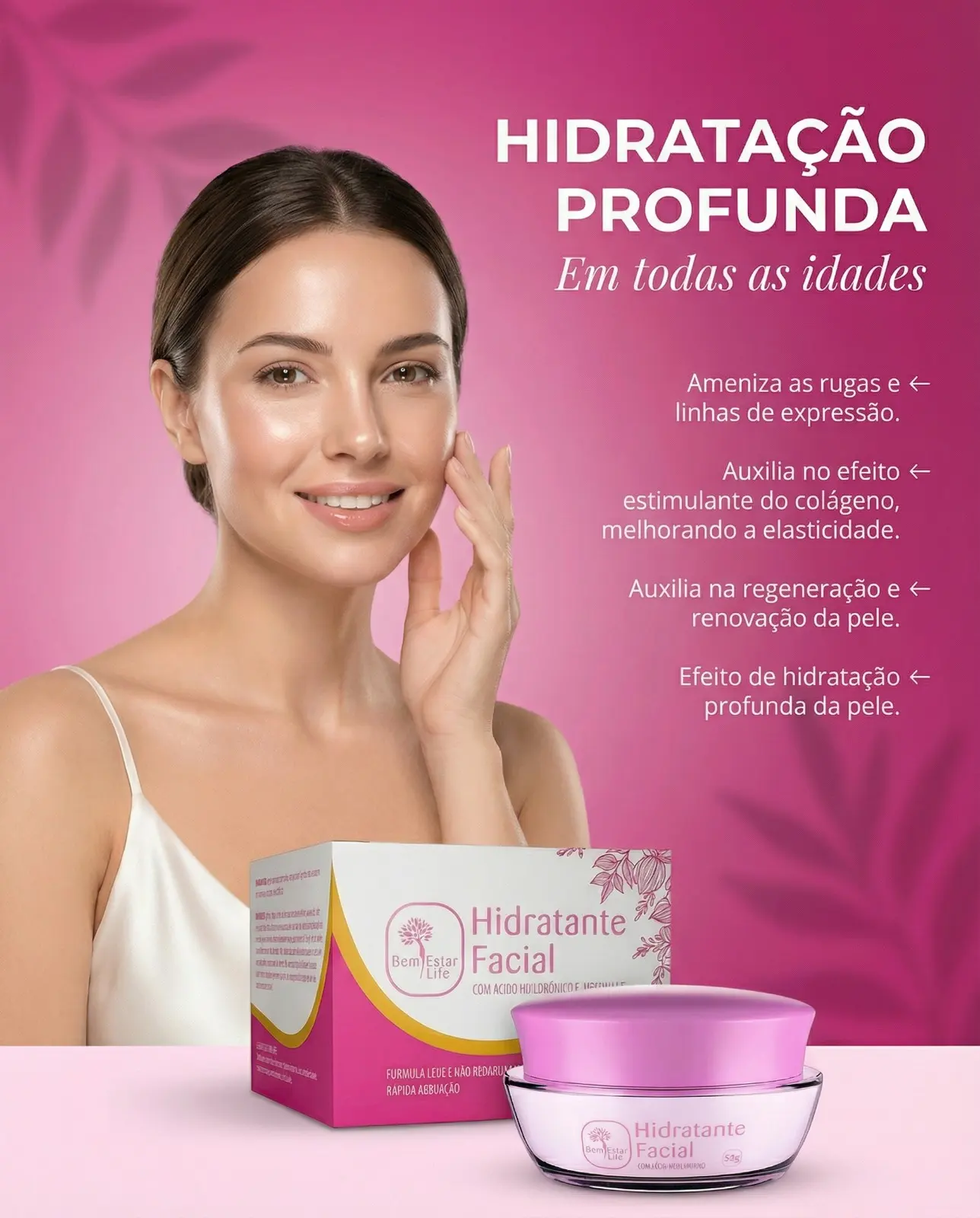CREME HIDRATANTE FACIAL COM ÁCIDO HIALURÔNICO - 55GR.